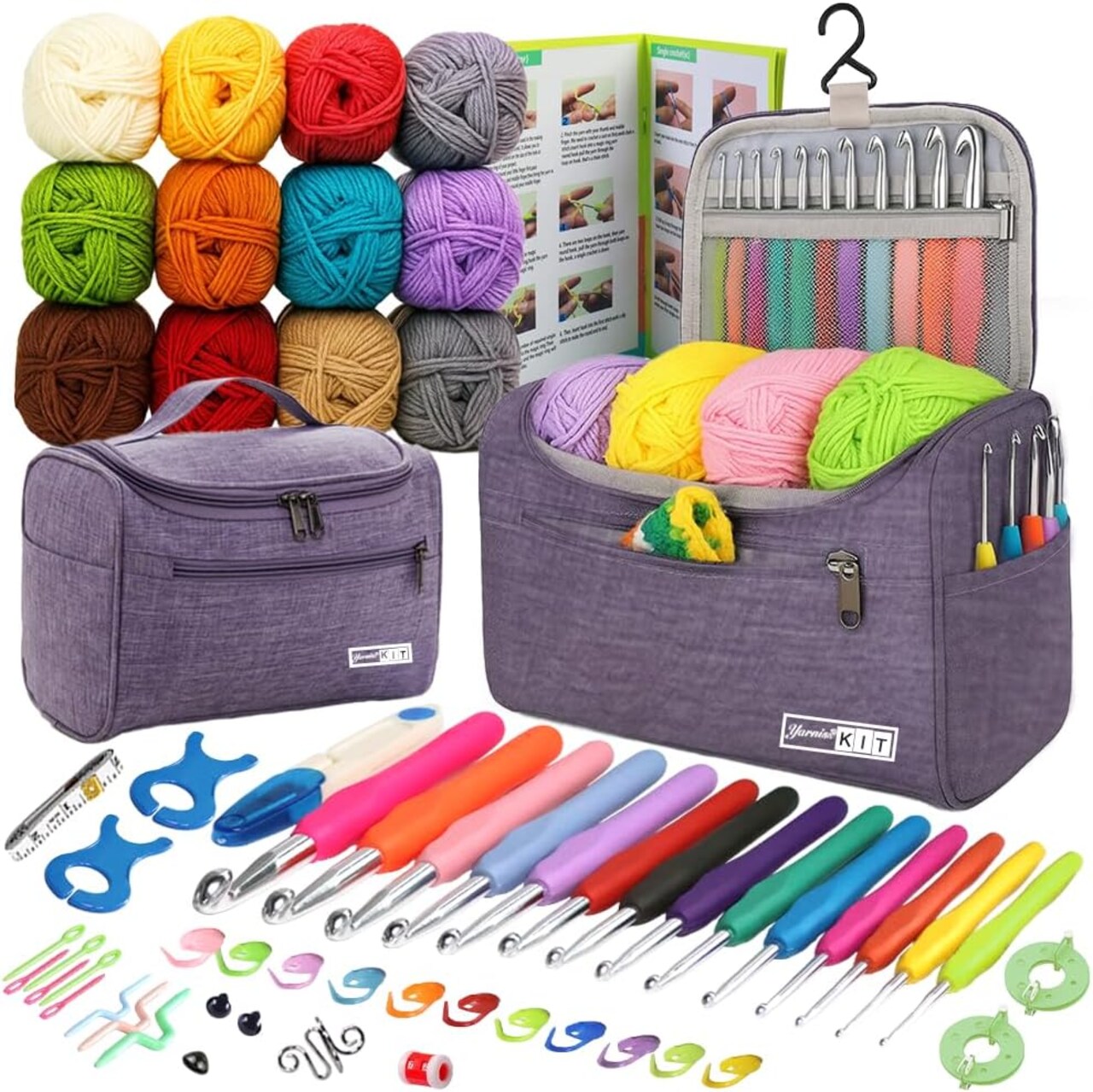 All-in-One Crochet Kit for Beginners – 840 Yards Yarn, 14 Ergonomic Crochet Hooks (2.0–10 mm), Complete Crochet Set with Accessories, Storage Bag & Instructions for Adults (Purple)